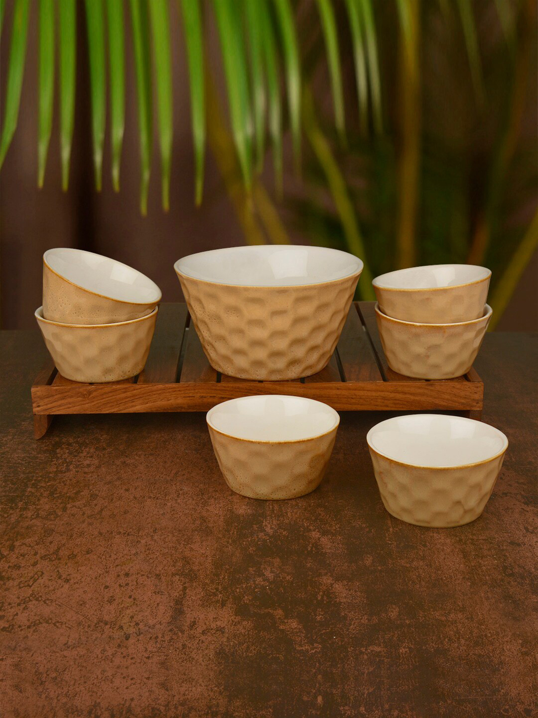 StyleMyWay Set Of 7 Beige Handcrafted Ceramic Pudding Serving Set