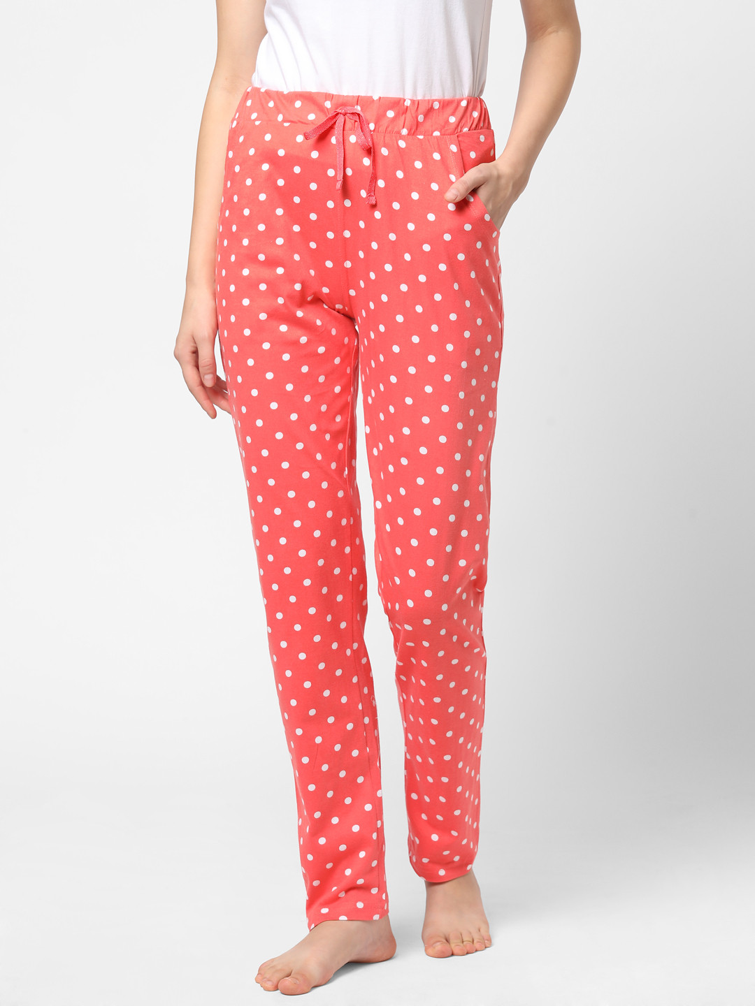 Sweet Dreams Women Coral-Coloured & White Printed Cotton Lounge Pants