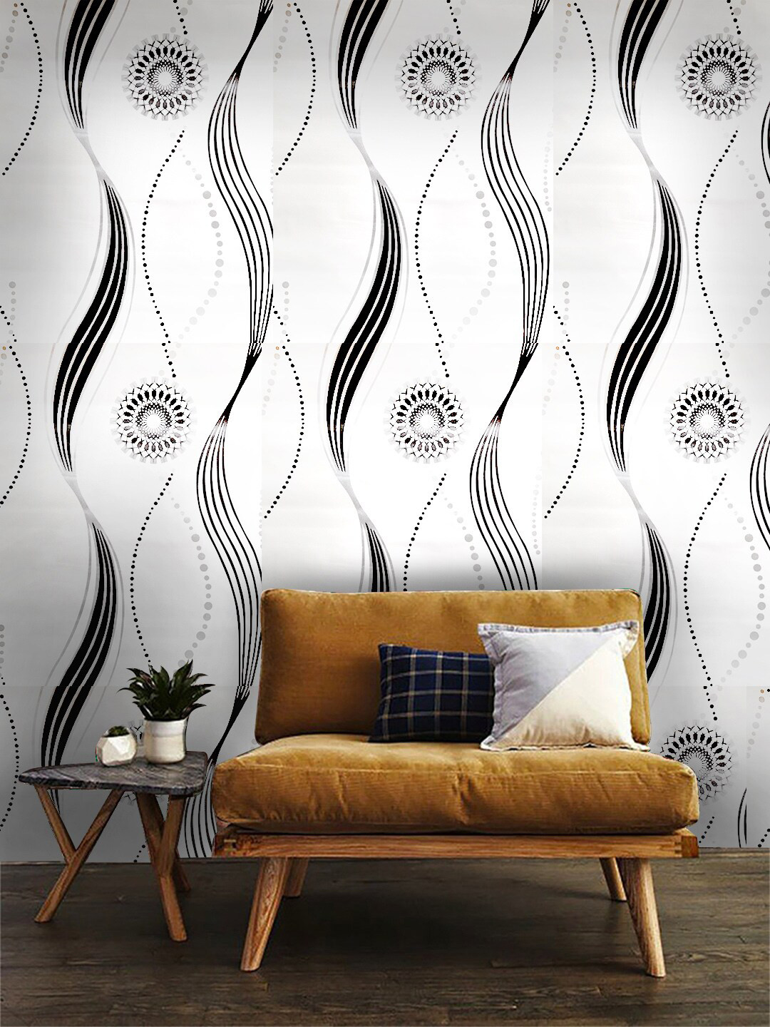 Jaamso Royals White & Black Lines & Circles Self-Adhesive & Waterproof Wallpaper