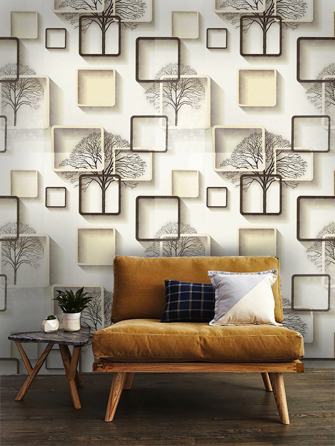 Jaamso Royals White & Brown Square Patterned Self-Adhesive Waterproof Wallpaper