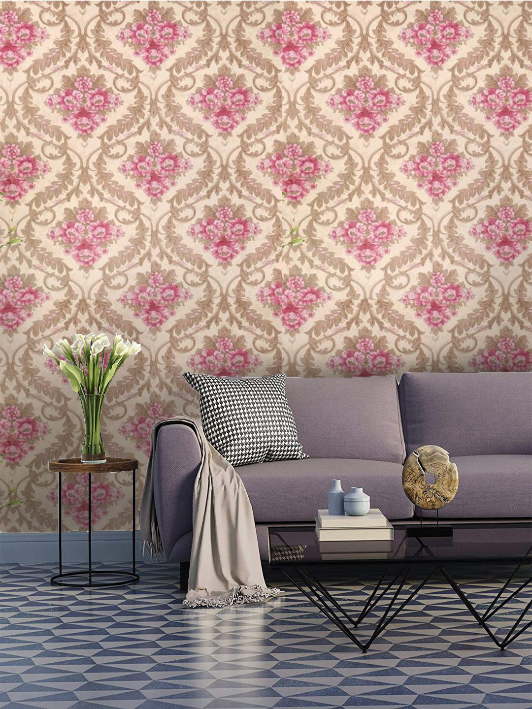 Jaamso Royals Beige & Pink Vintage Damask Self-Adhesive Waterproof Wallpaper