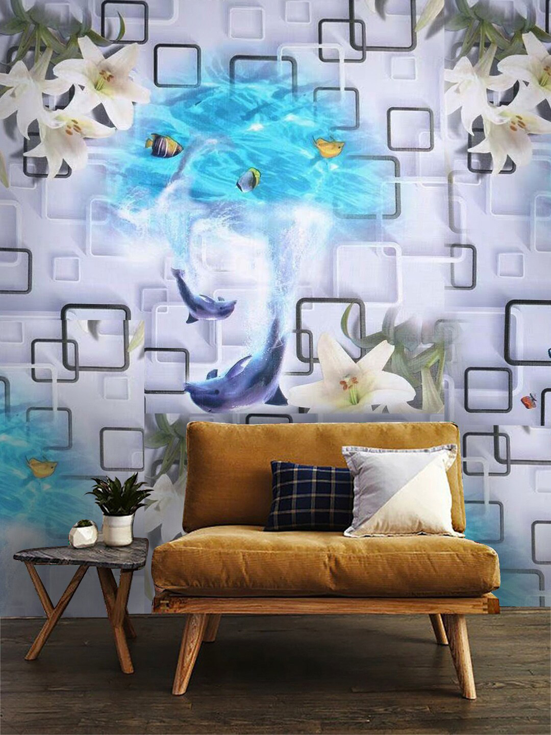 Jaamso Royals White and Blue Dolphins & Flower Self-Adhesive Waterproof Wallpaper