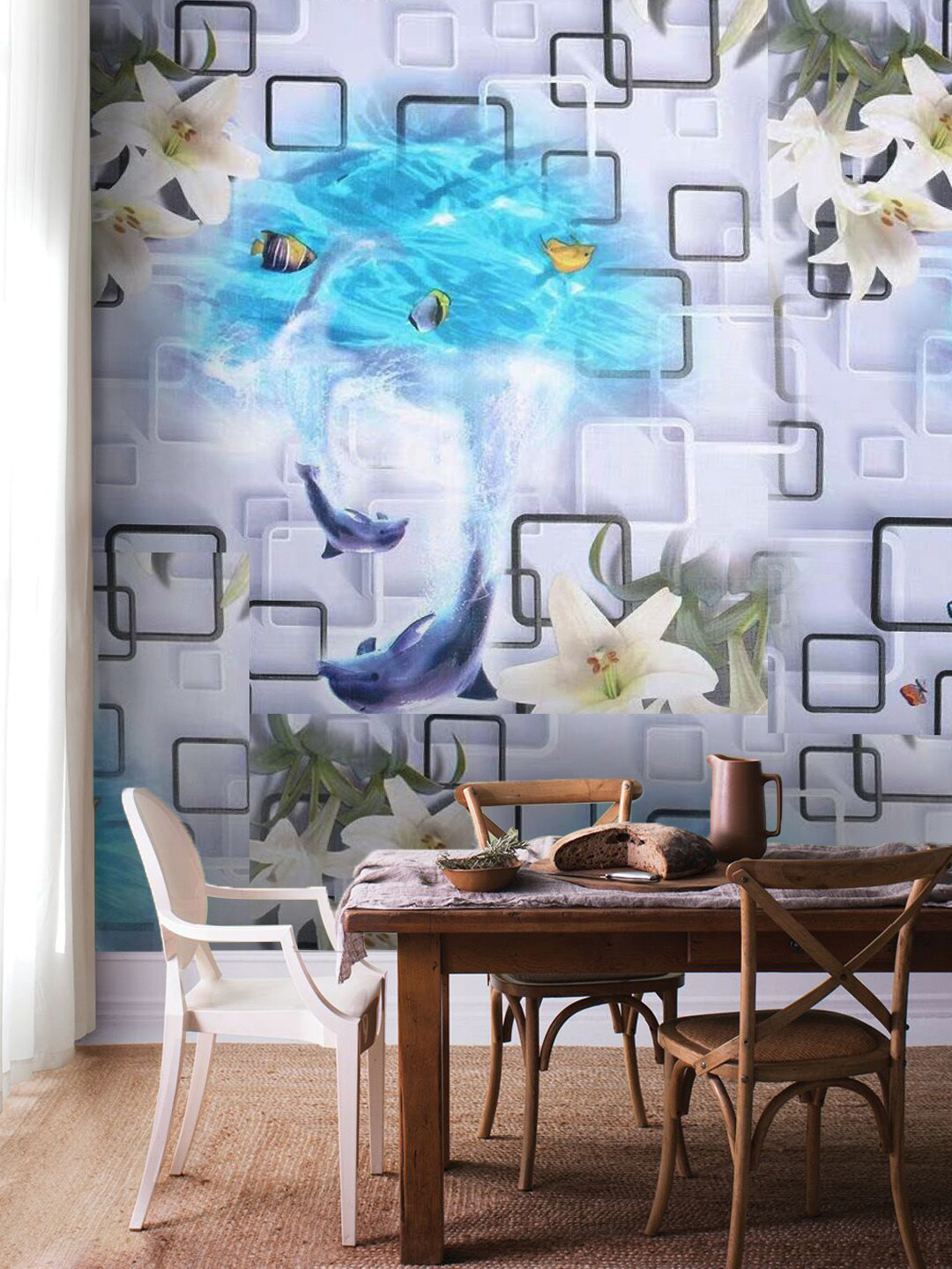 Jaamso Royals White and Blue Dolphins & Flower Self-Adhesive Waterproof Wallpaper