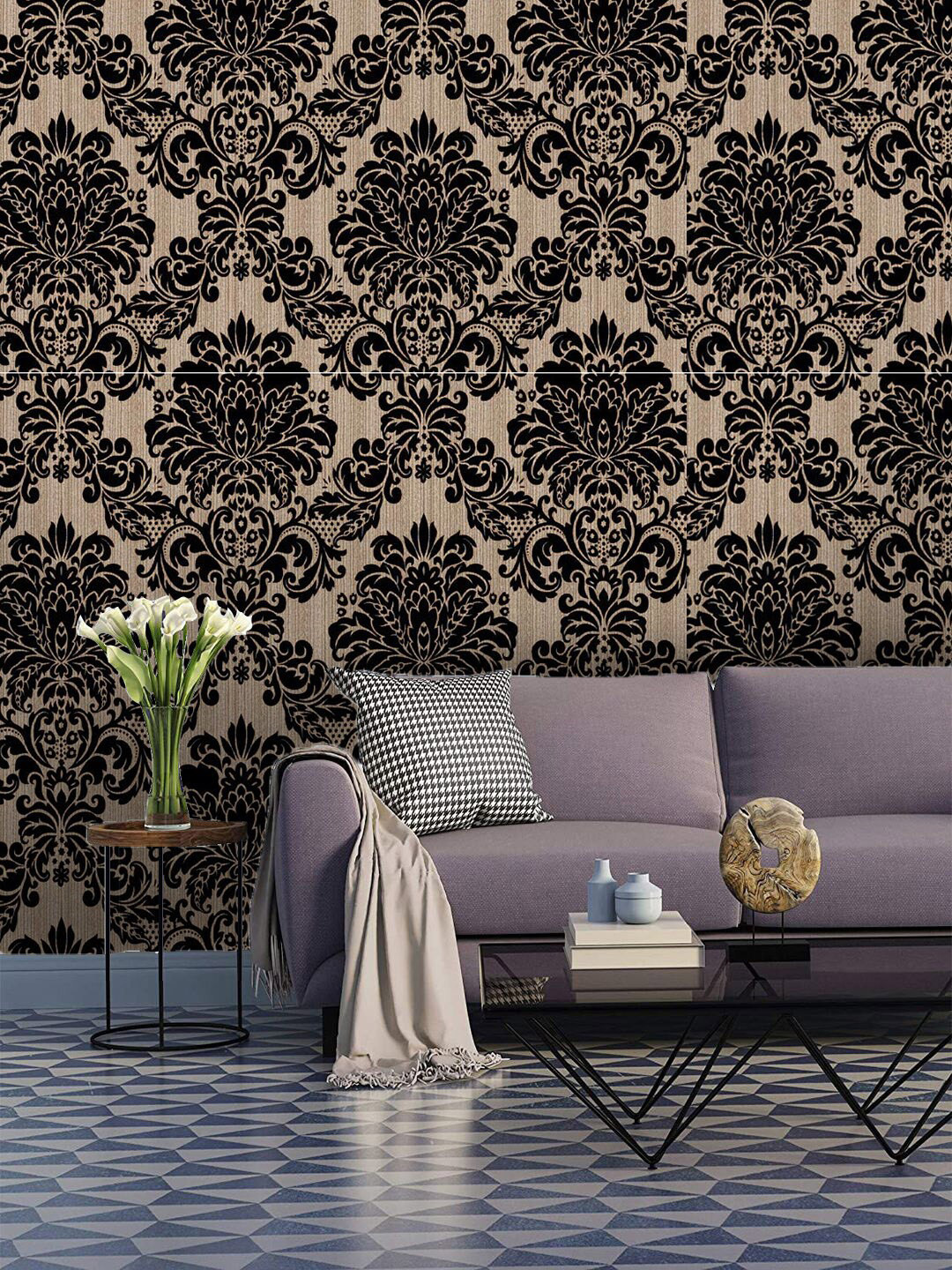 Jaamso Royals Beige & Black Damask Self-Adhesive Waterproof Wallpaper