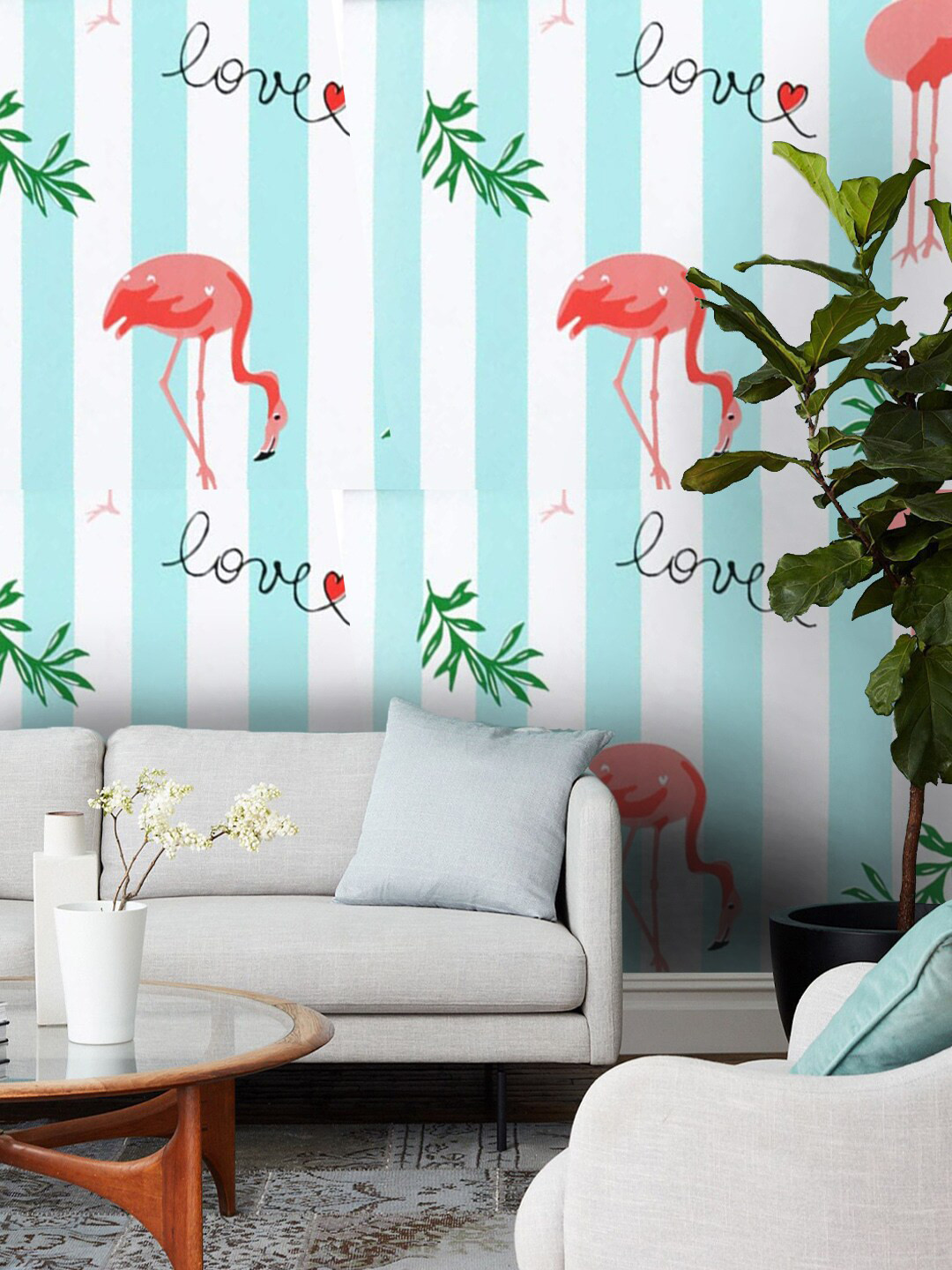 Jaamso Royals Multicoloured Self-adhesive & Waterproof Flamingo with Leaves Wallpaper