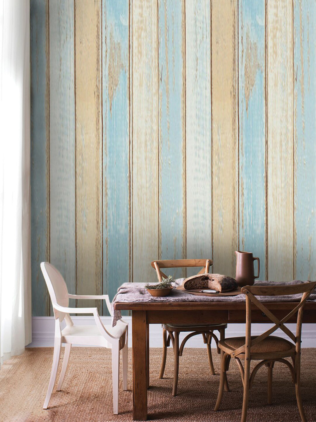 Jaamso Royals Blue & Beige Self-Adhesive & Waterproof Striped Wallpaper