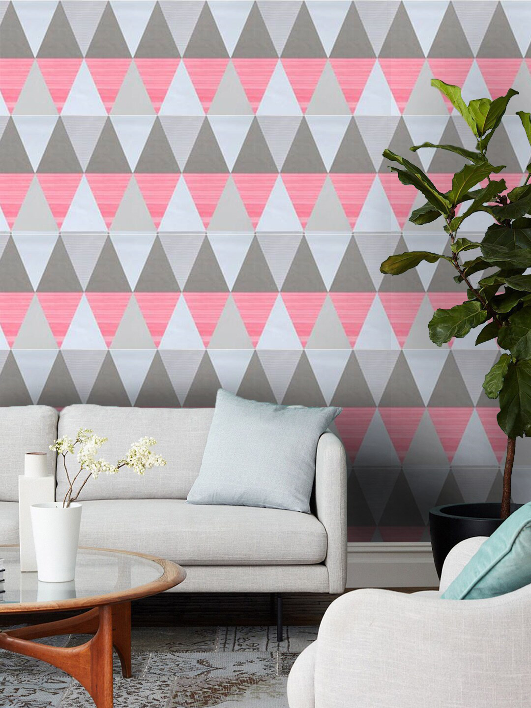 Jaamso Royals Pink & Grey Self-adhesive & Waterproof Triangles Print Wallpaper