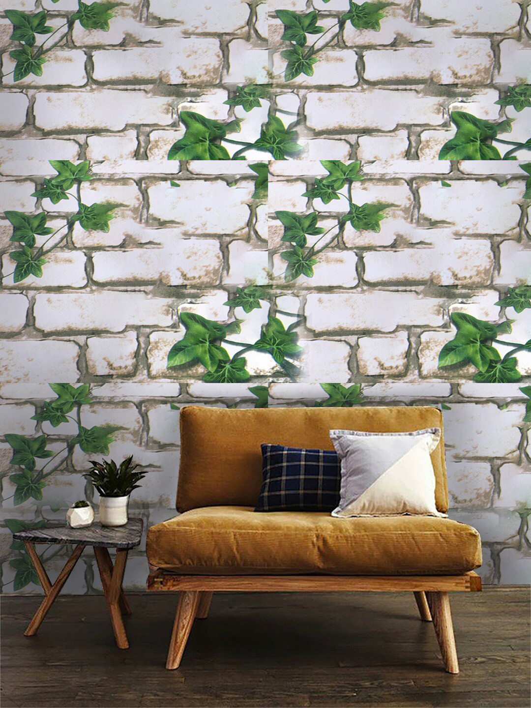 Jaamso Royals White & Green Self-adhesive & Waterproof Brick with Leaves  Wallpaper