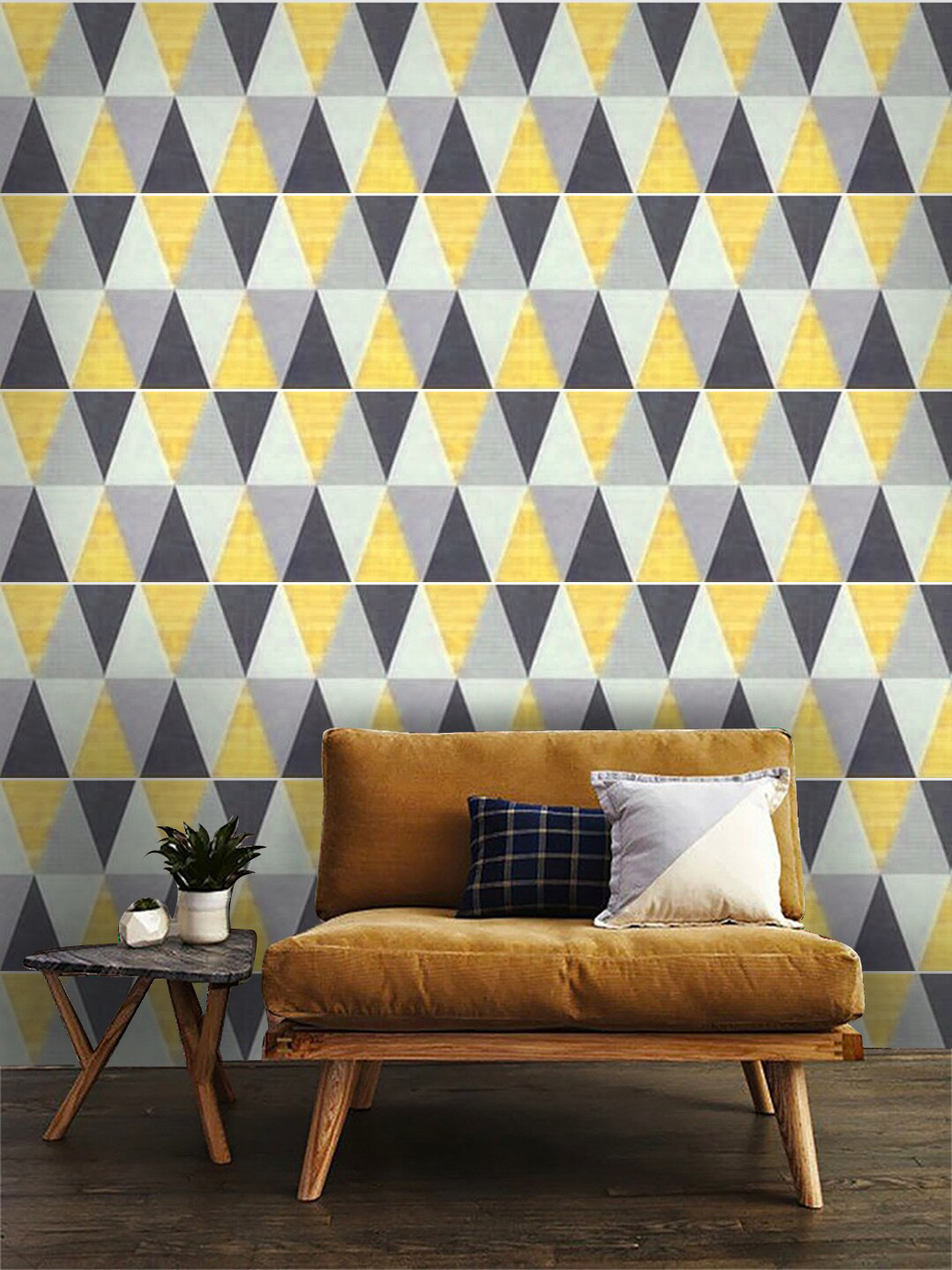 Jaamso Royals Yellow & Grey Self-adhesive & Waterproof Triangle Printed Wallpaper