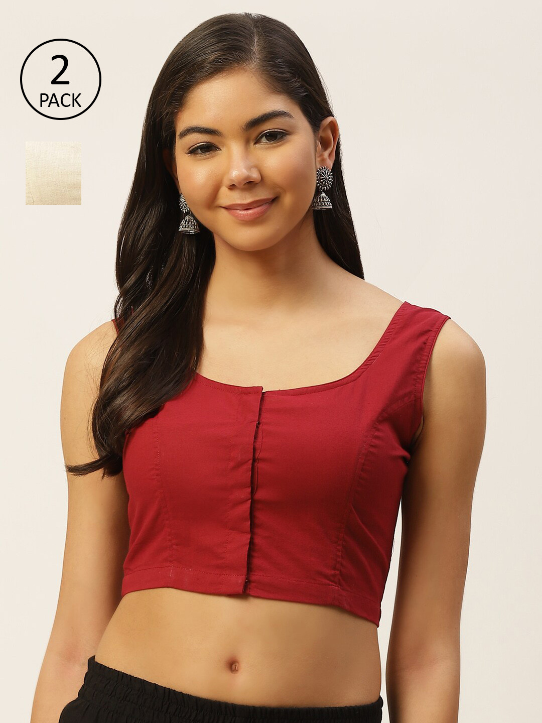 Molcha Women Pack of 2 Off White & Red Pure Cotton Styled Back Blouses