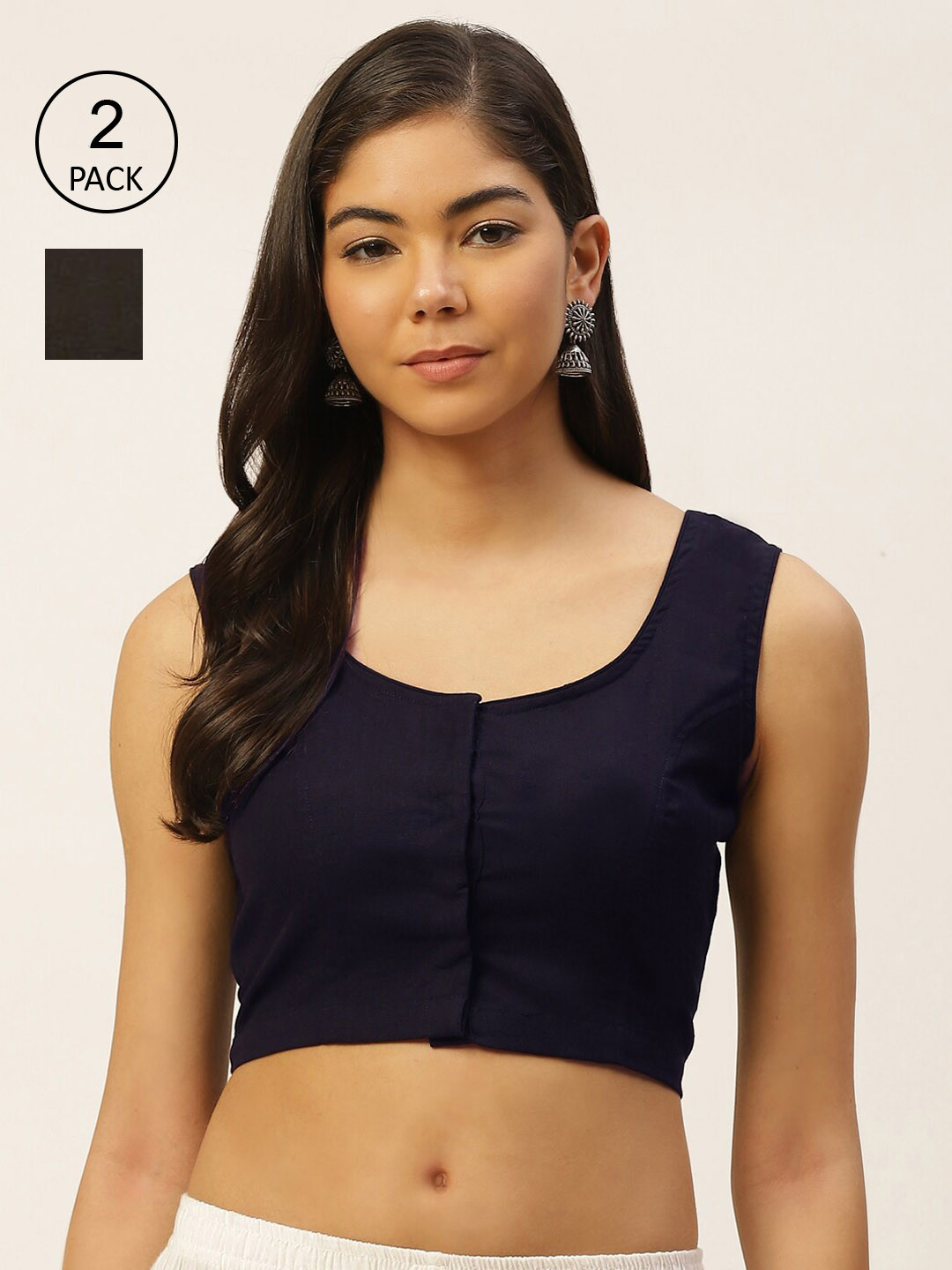 Molcha Women Pack Of 2 Navy Blue & Black Pure Cotton Styled Back Saree Blouse