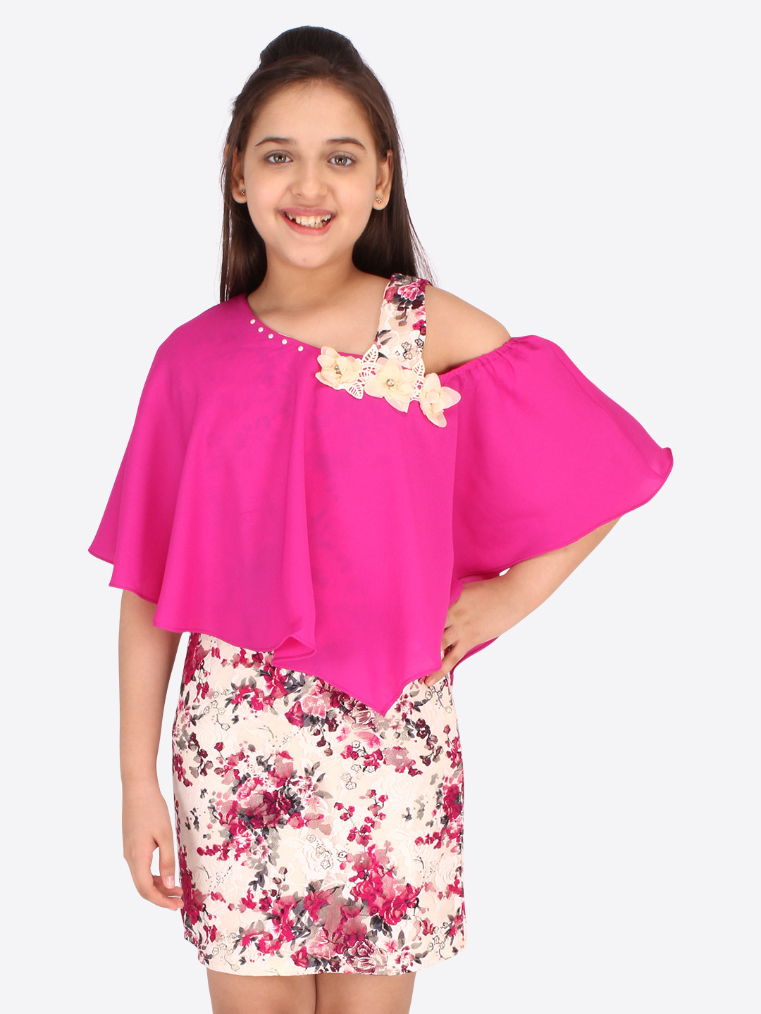 CUTECUMBER Girls Fuchsia and Beige Floral Georgette Sheath Dress