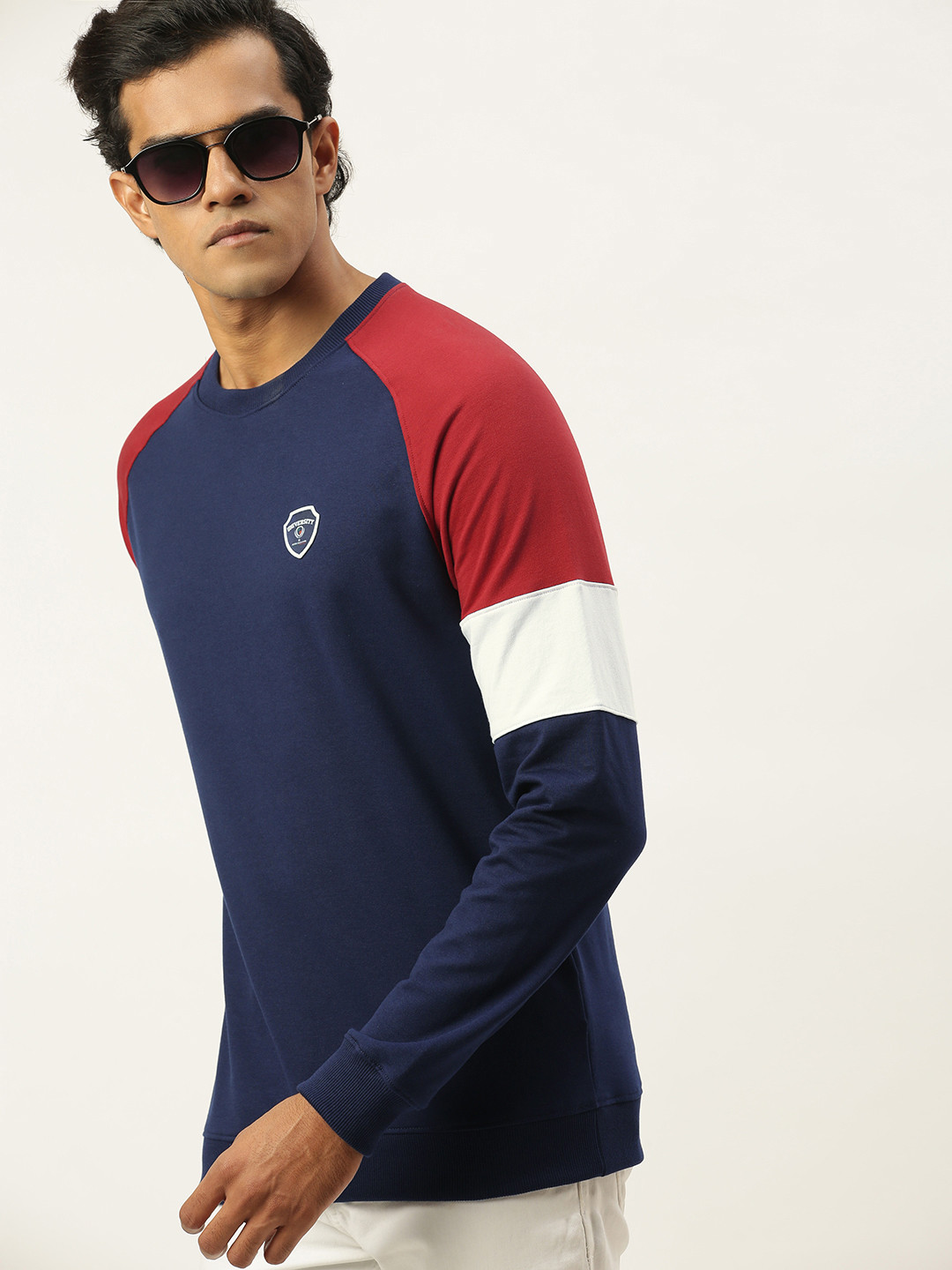 PETER ENGLAND UNIVERSITY Men Navy Blue Super Slim Fit Colourblocked Sleeves Sweatshirt