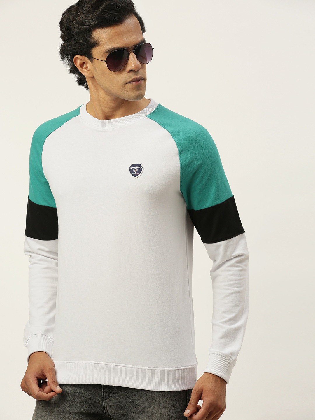 PETER ENGLAND UNIVERSITY Men White Self-design Applique  Sweatshirt