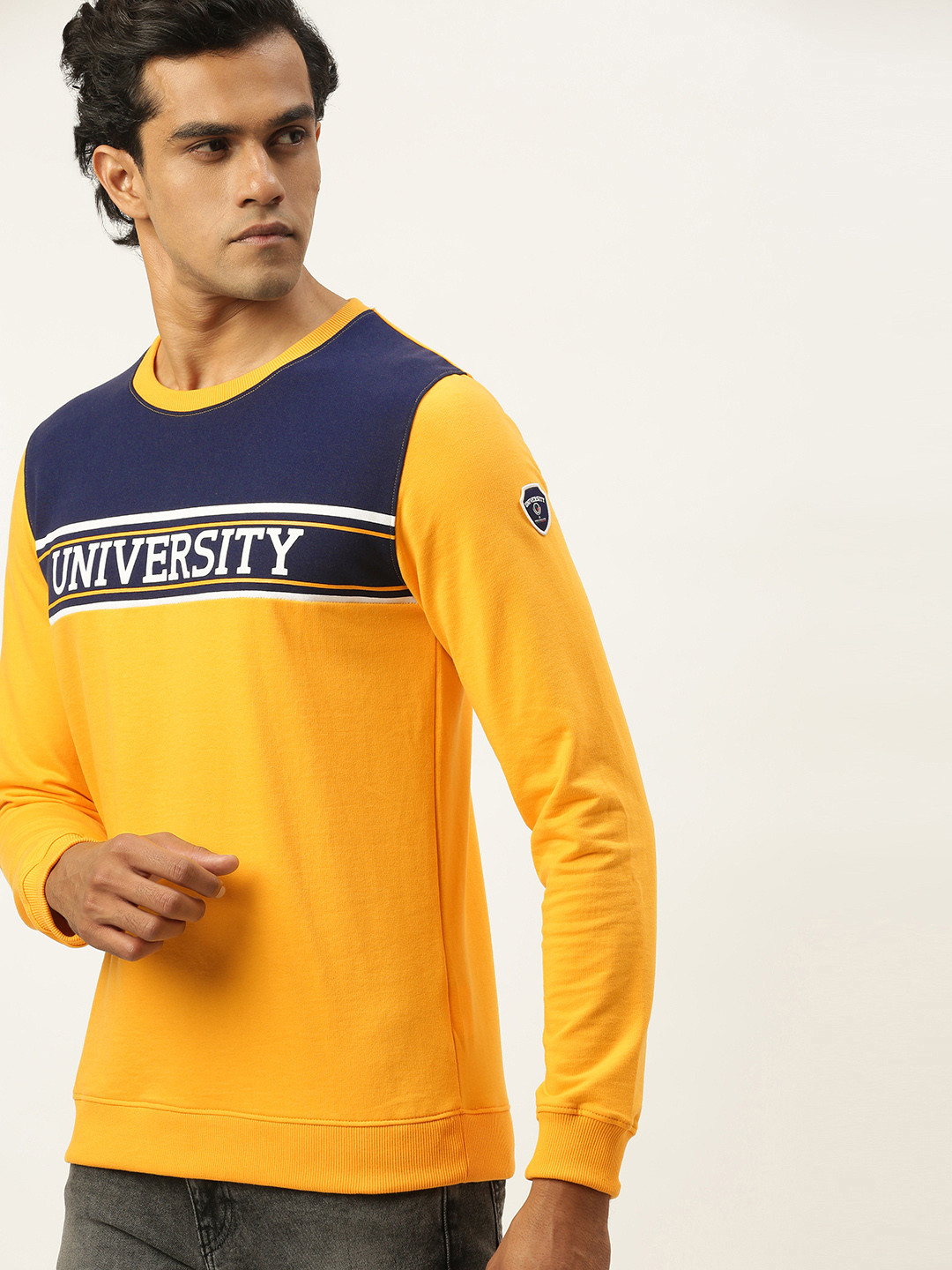 PETER ENGLAND UNIVERSITY Men Yellow Super Slim Fit Colourblocked Sweatshirt