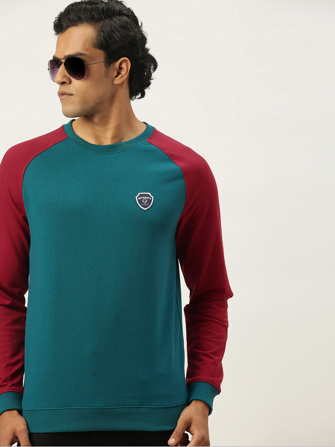 PETER ENGLAND UNIVERSITY Men Teal Blue Self-design Applique Sweatshirt