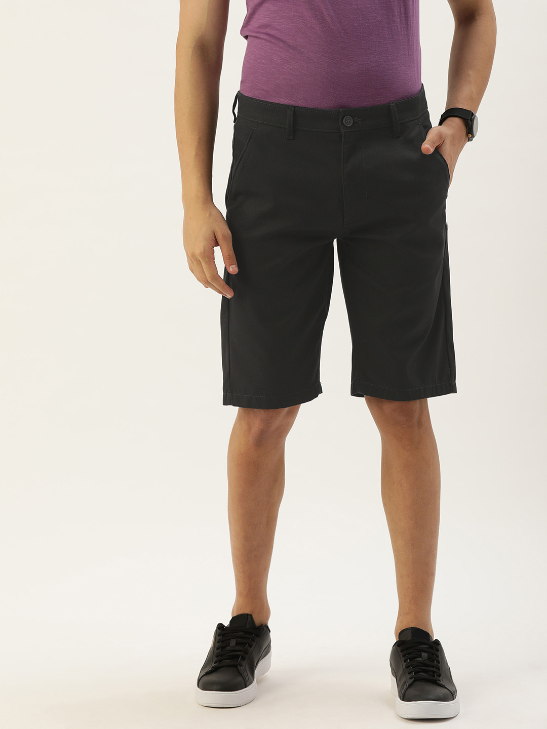 PETER ENGLAND UNIVERSITY Men Charcoal Grey Solid Slim Fit Regular Shorts