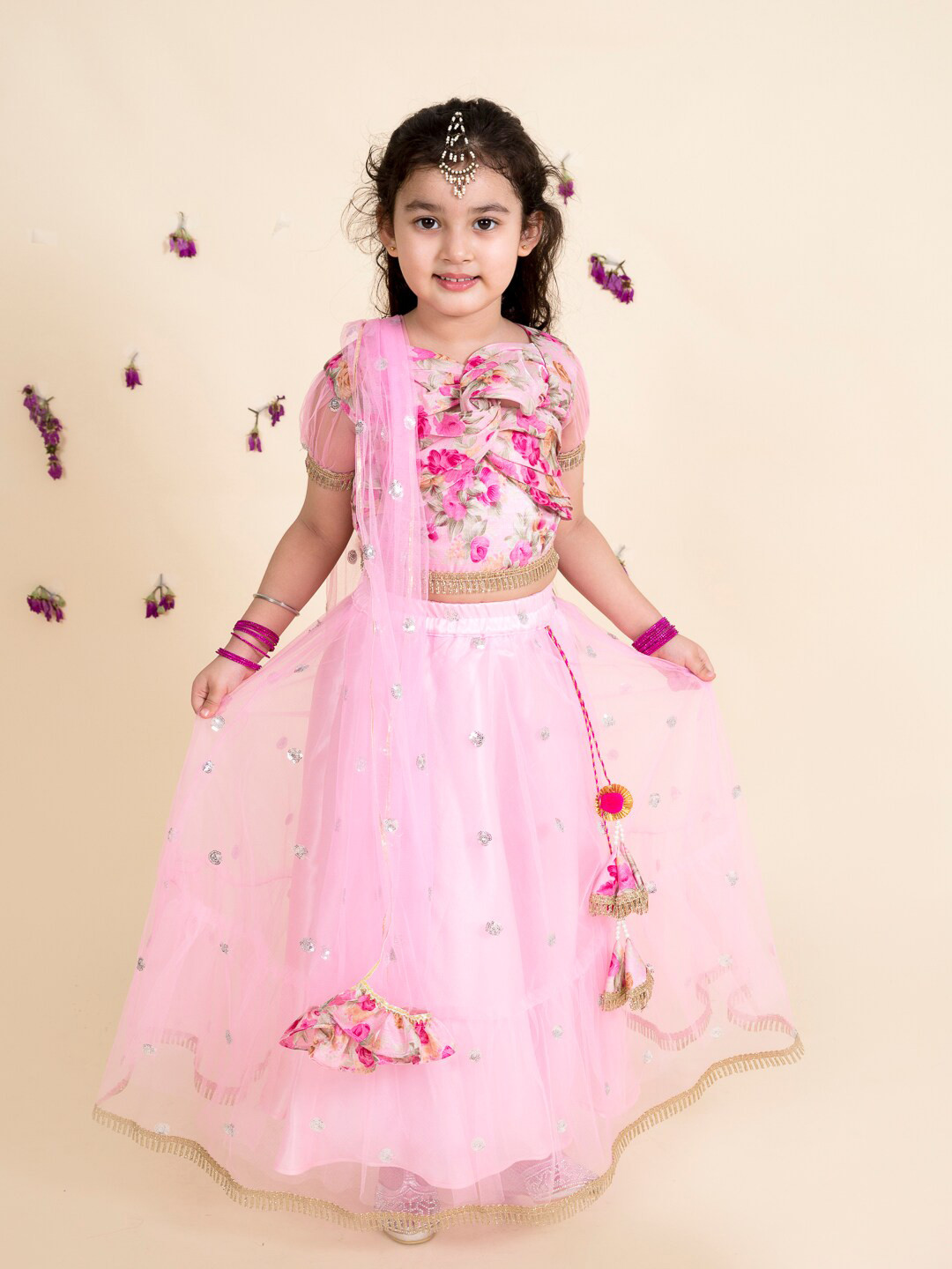 pspeaches Girls Pink & Orange Embellished Ready to Wear Lehenga & Blouse With Dupatta