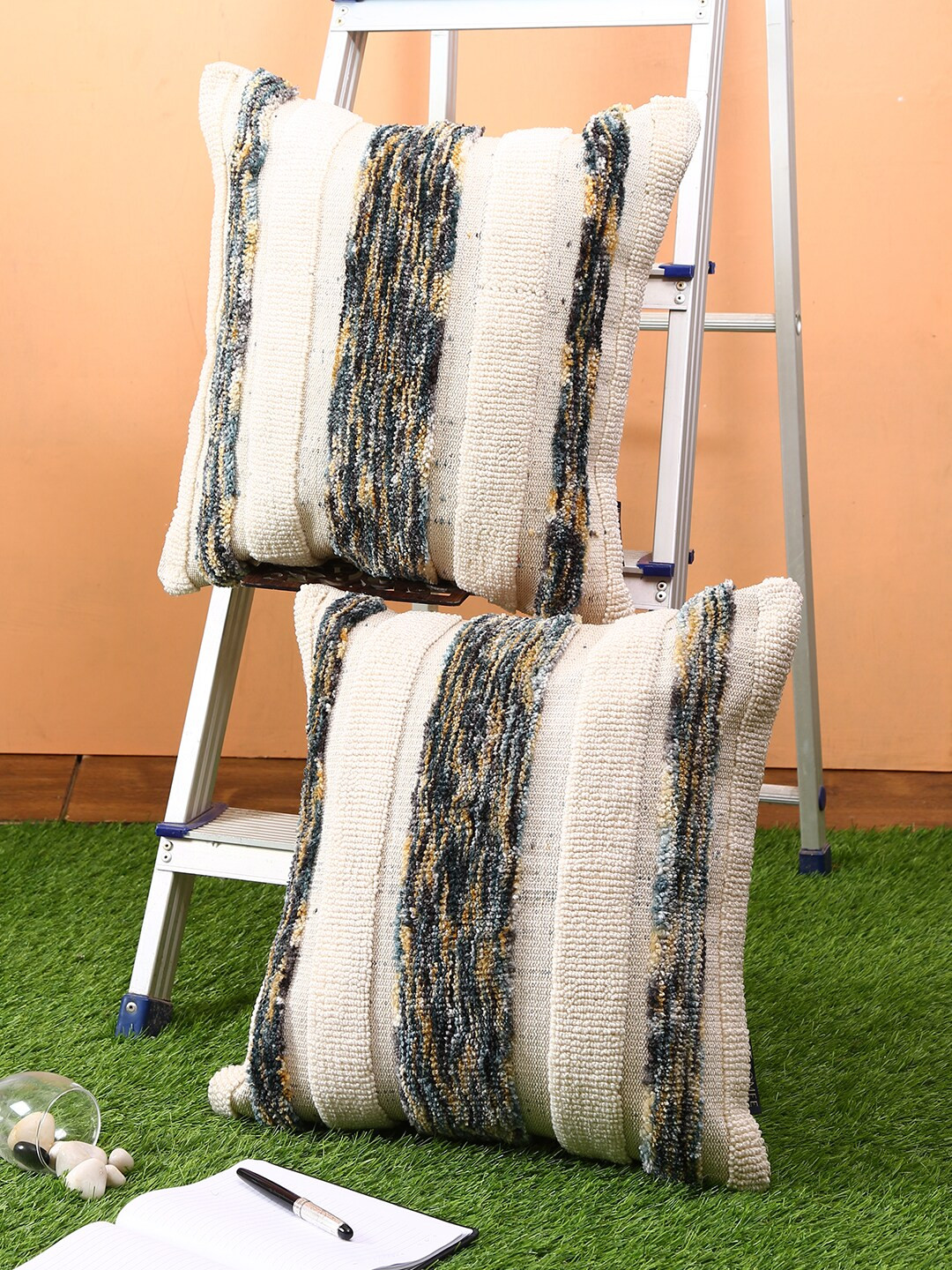 ROMEE Cream Striped Polyester Silk Breathable 2 Pcs Textured Cushion Covers -18x18In