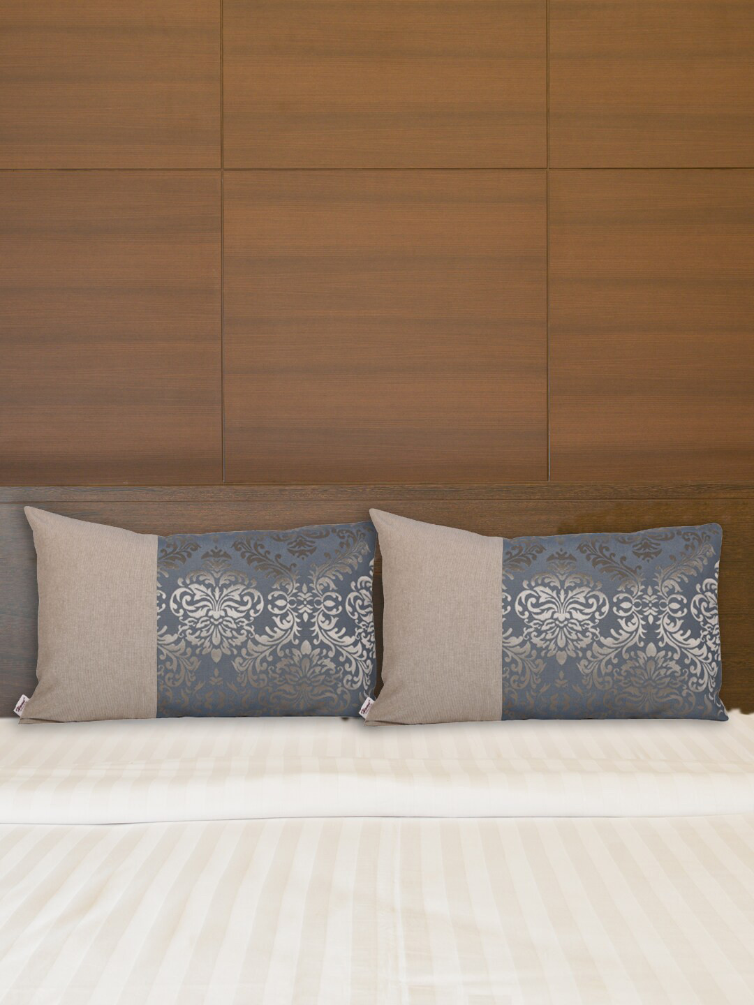 Home Blue & Gold Set of 2 Damask Print Cotton Pillow Cover
