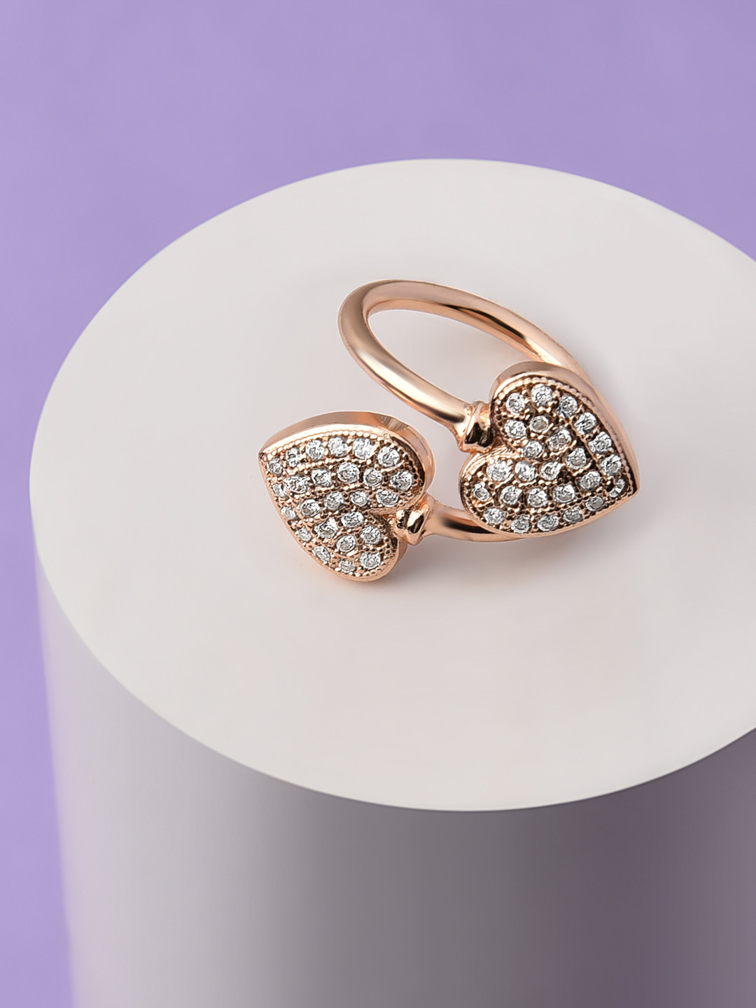 AMI Women Rose Gold-Plated White CZ-Studded Heart Contemporary Adjustable Finger Ring