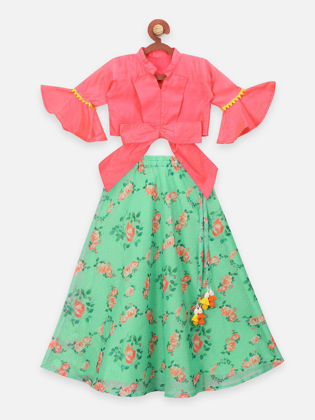 LilPicks Girls Pink & Green Ready to Wear Lehenga & Blouse