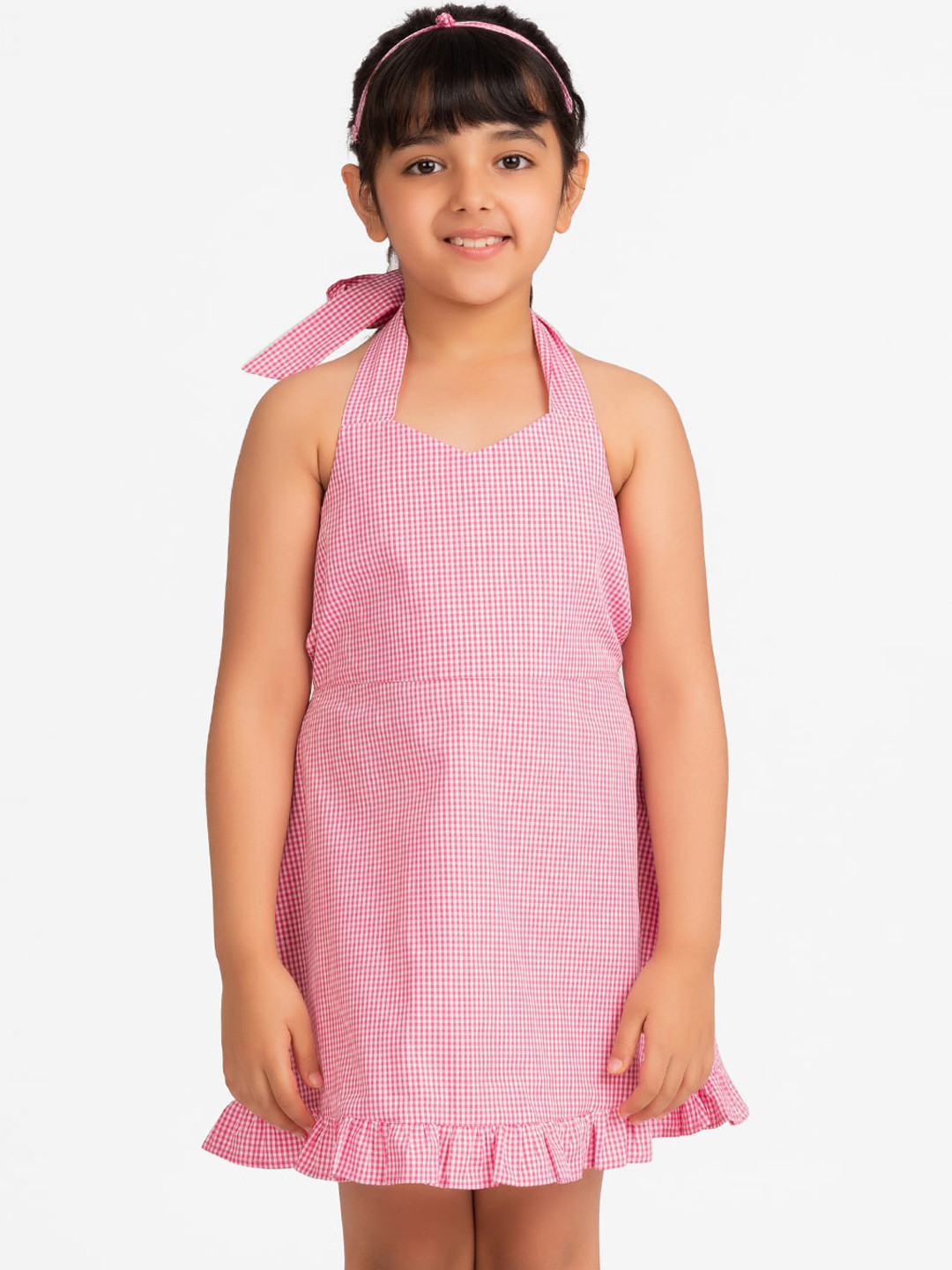KIDKLO Pink Checked Halter Neck Pure Cotton Dress with Back Tie-ups