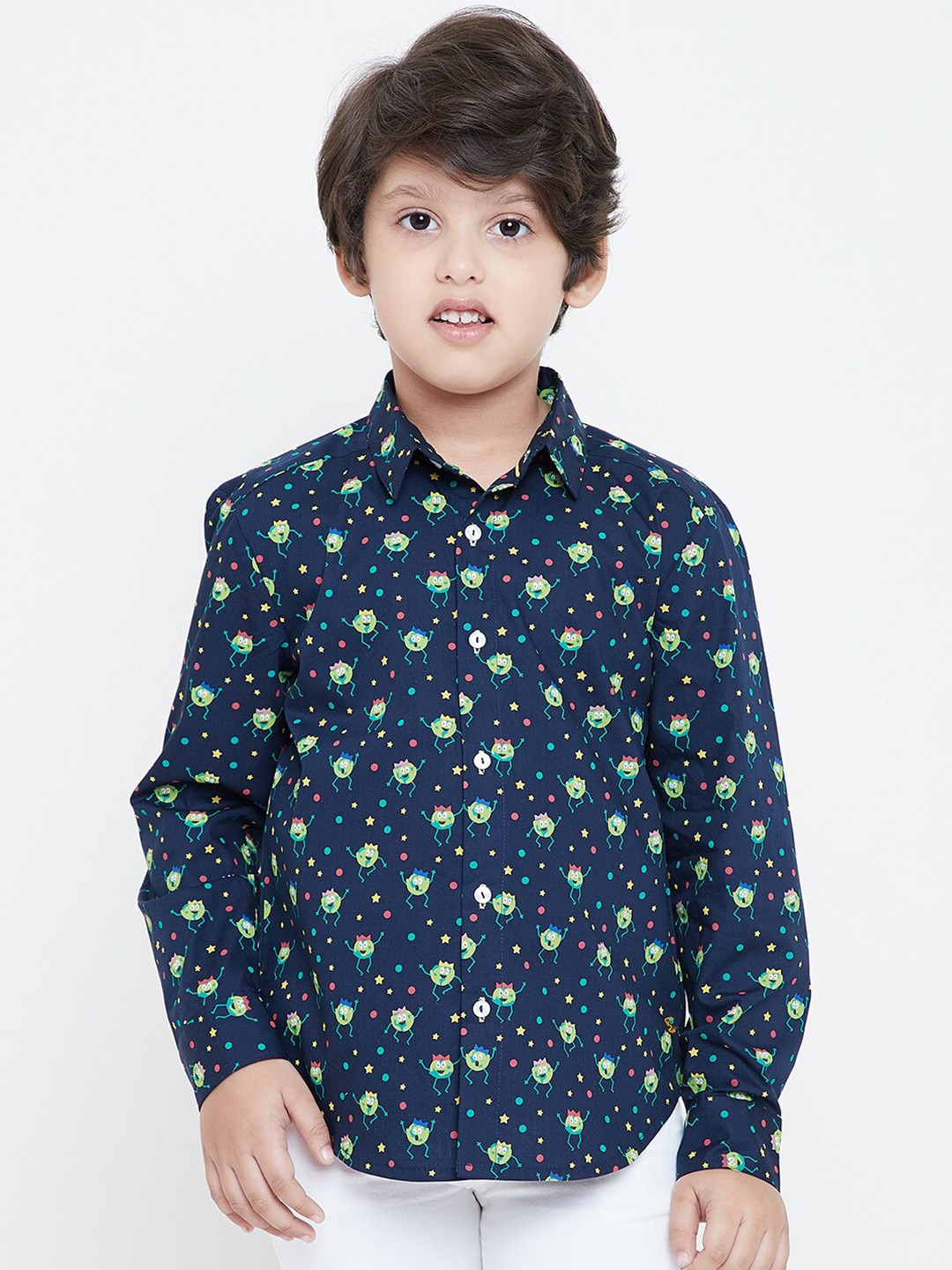 KIDKLO Boys Navy Blue Monster Printed Casual Shirt