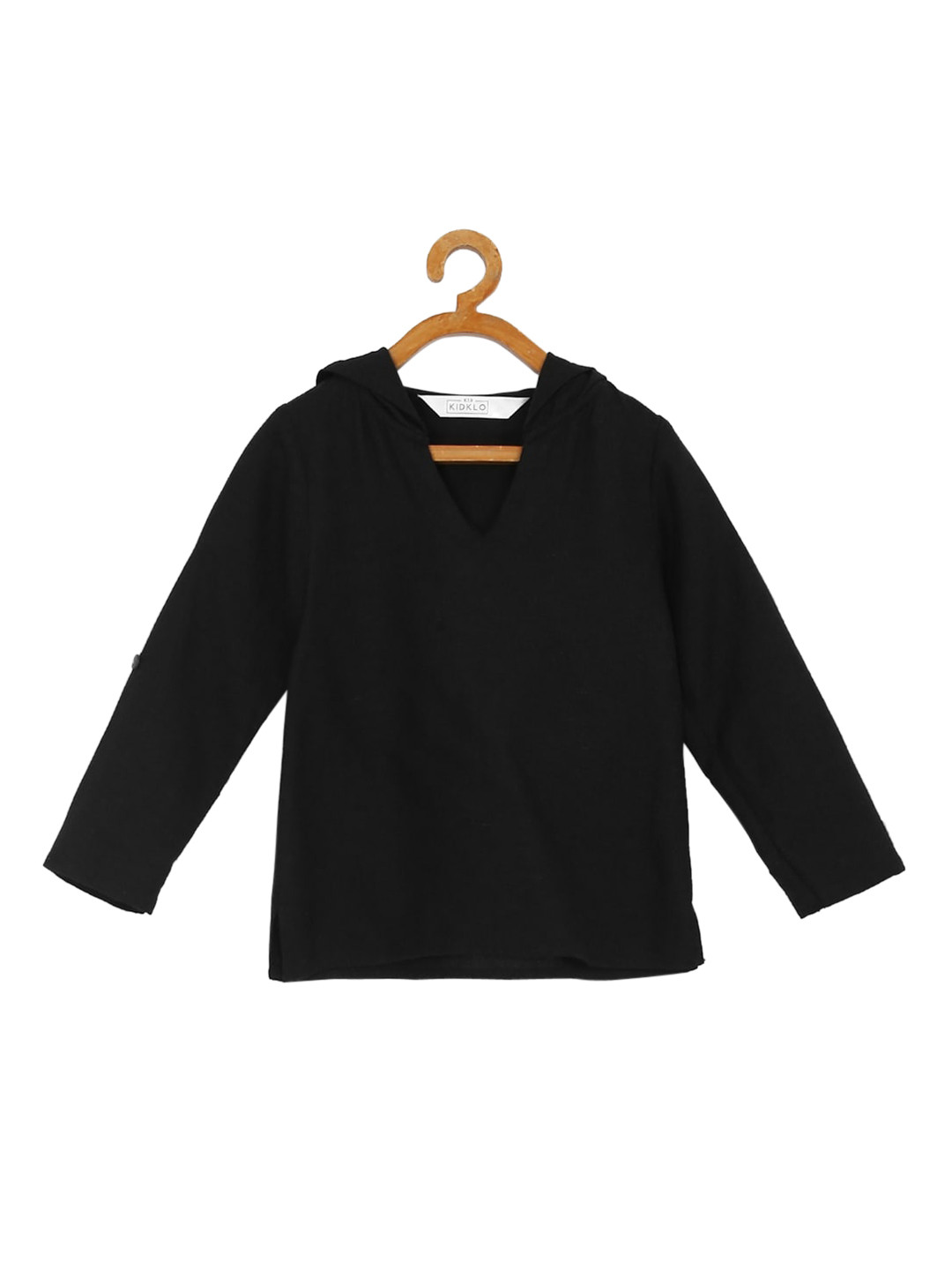 KIDKLO Boys Black Linen Hooded Sweatshirt