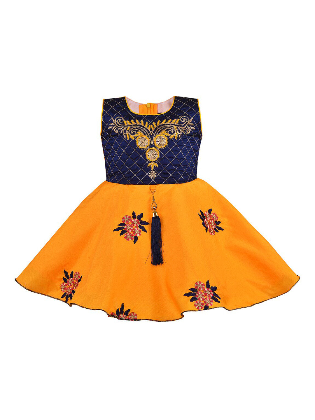 Wish Karo Baby Girl Orange & Blue Floral Embroidered Flare Dress