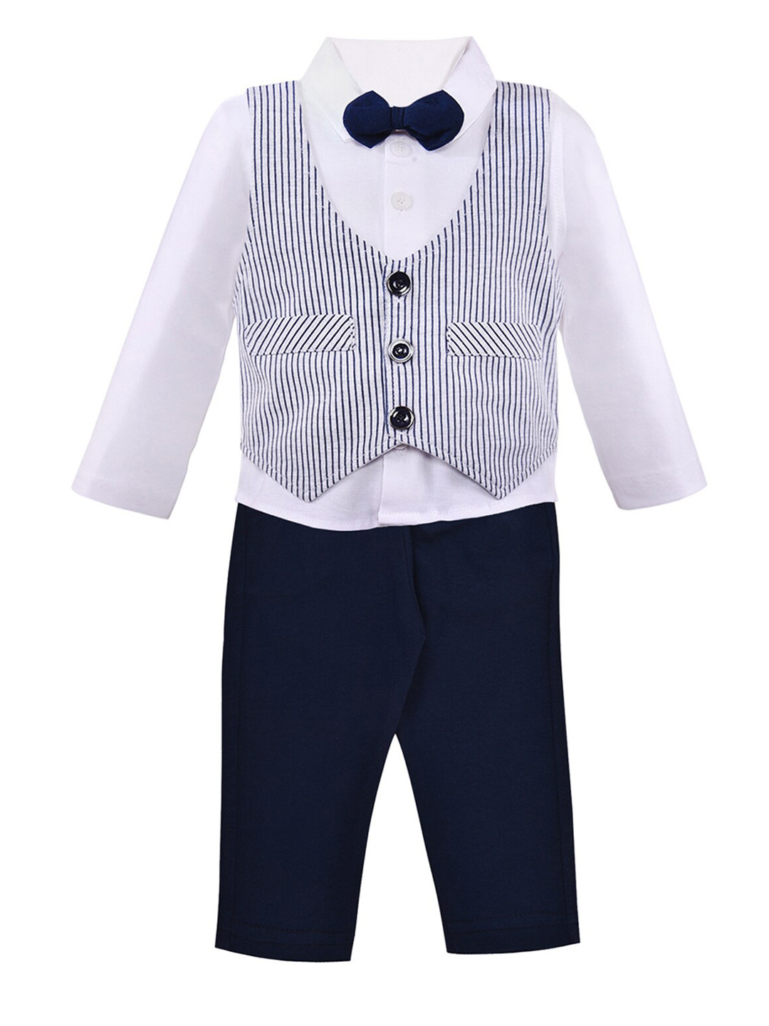 Wish Karo Boys Navy Blue & White Striped Shirt with Trousers