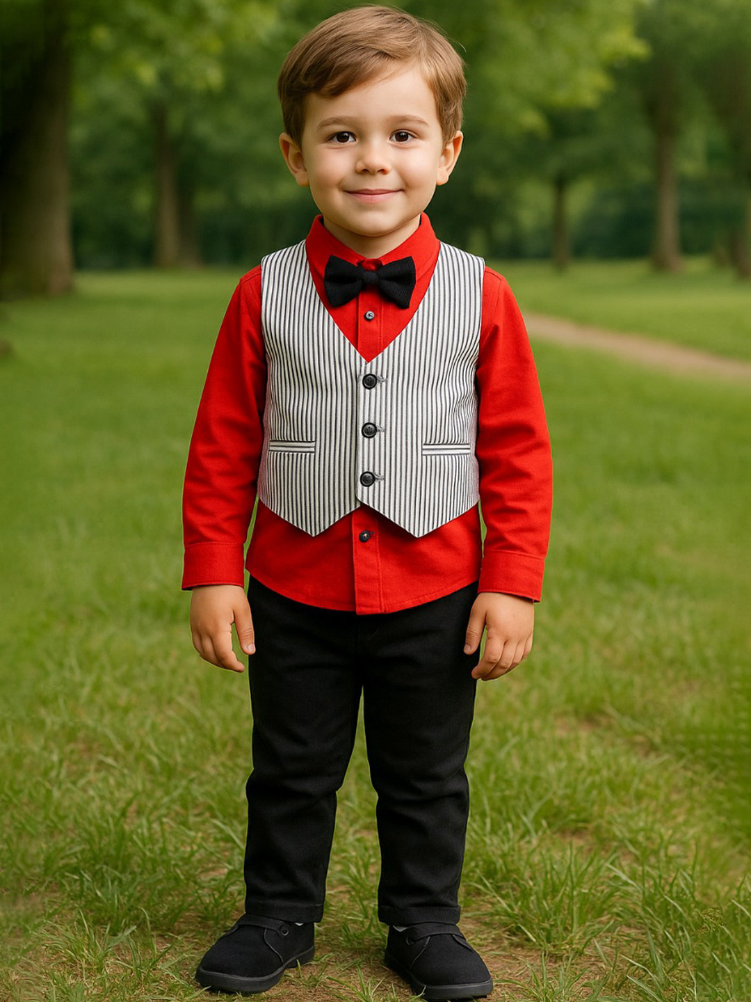 Wish Karo Boys Red & Black Striped Shirt with Trousers