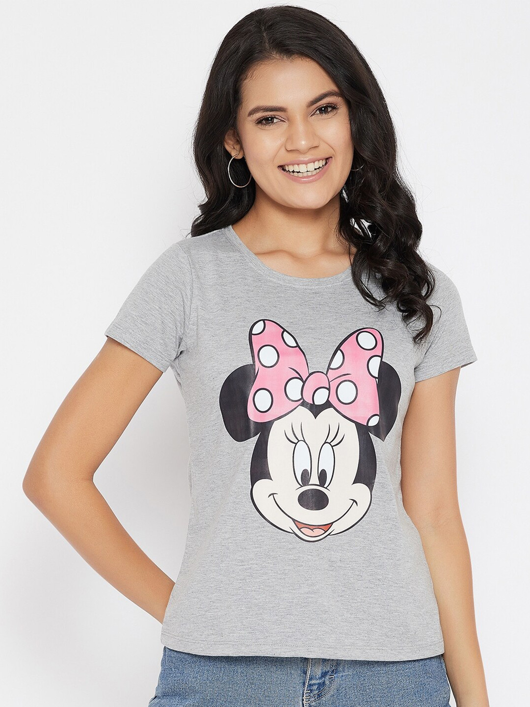 Disney by Wear Your Mind Women Grey Minnie Mouse Printed Pure Cotton T-shirt