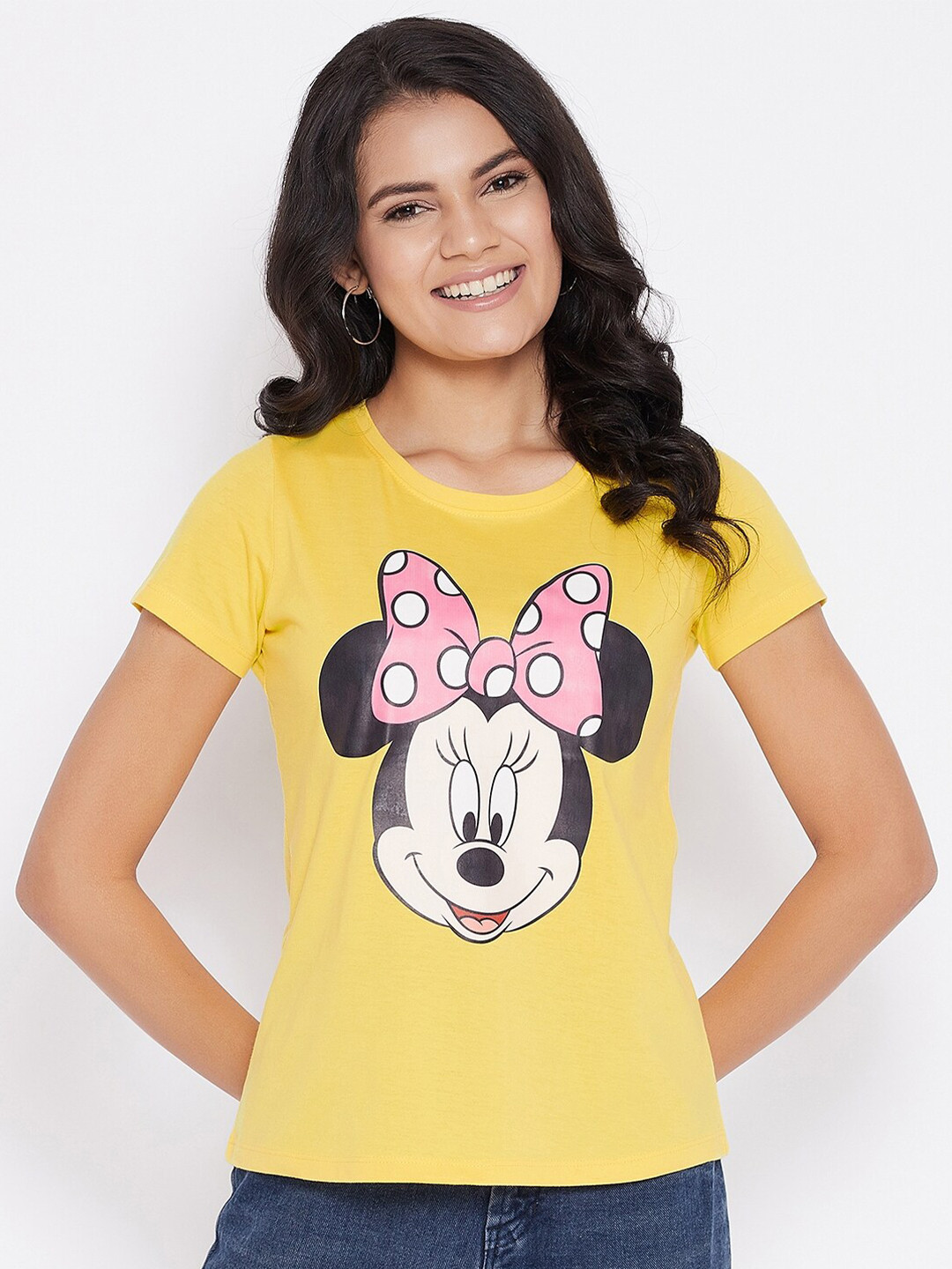 Disney by Wear Your Mind Women Yellow  Pink Mickey Mouse Printed Pure Cotton T-shirt