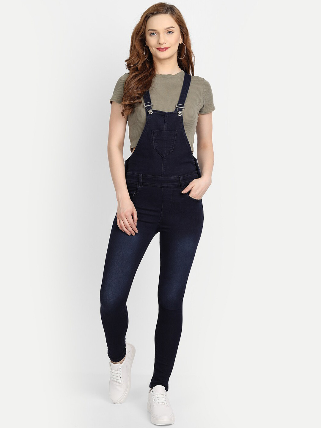 BROADSTAR Women Blue Solid Cotton Ankle-Length Dungarees