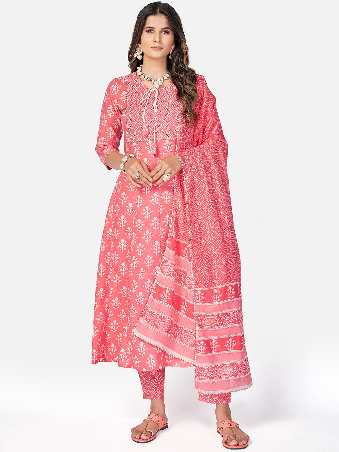 Vbuyz Women Pink Pure Cotton Anarkali Kurta with Trousers & Dupatta