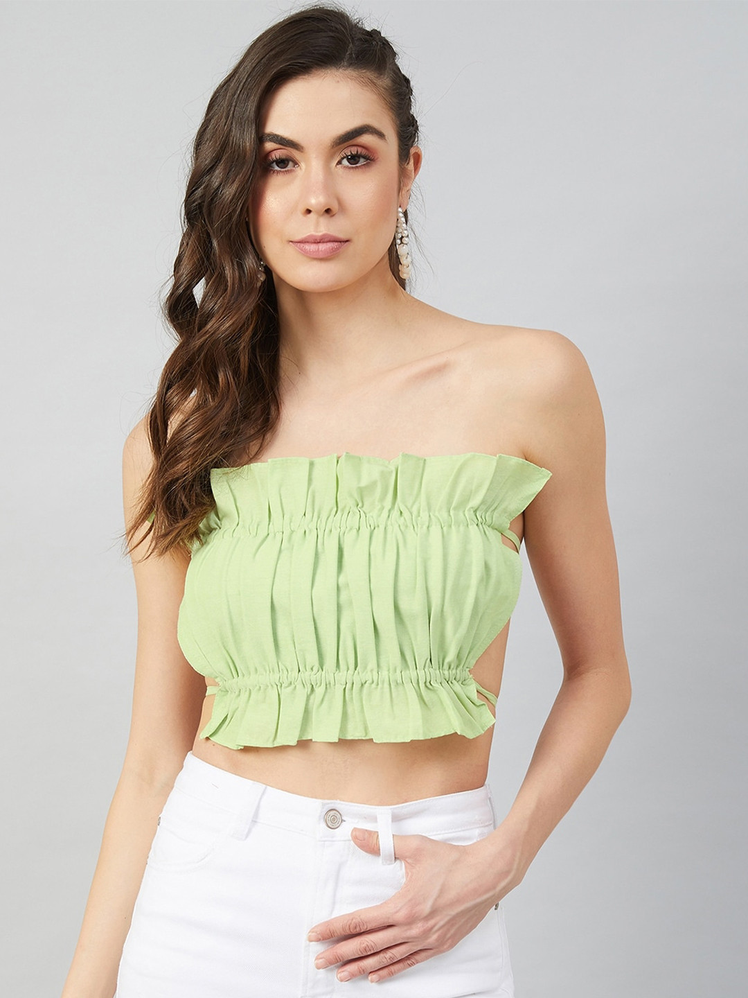 Athena Women Green Linen Tube Crop Top