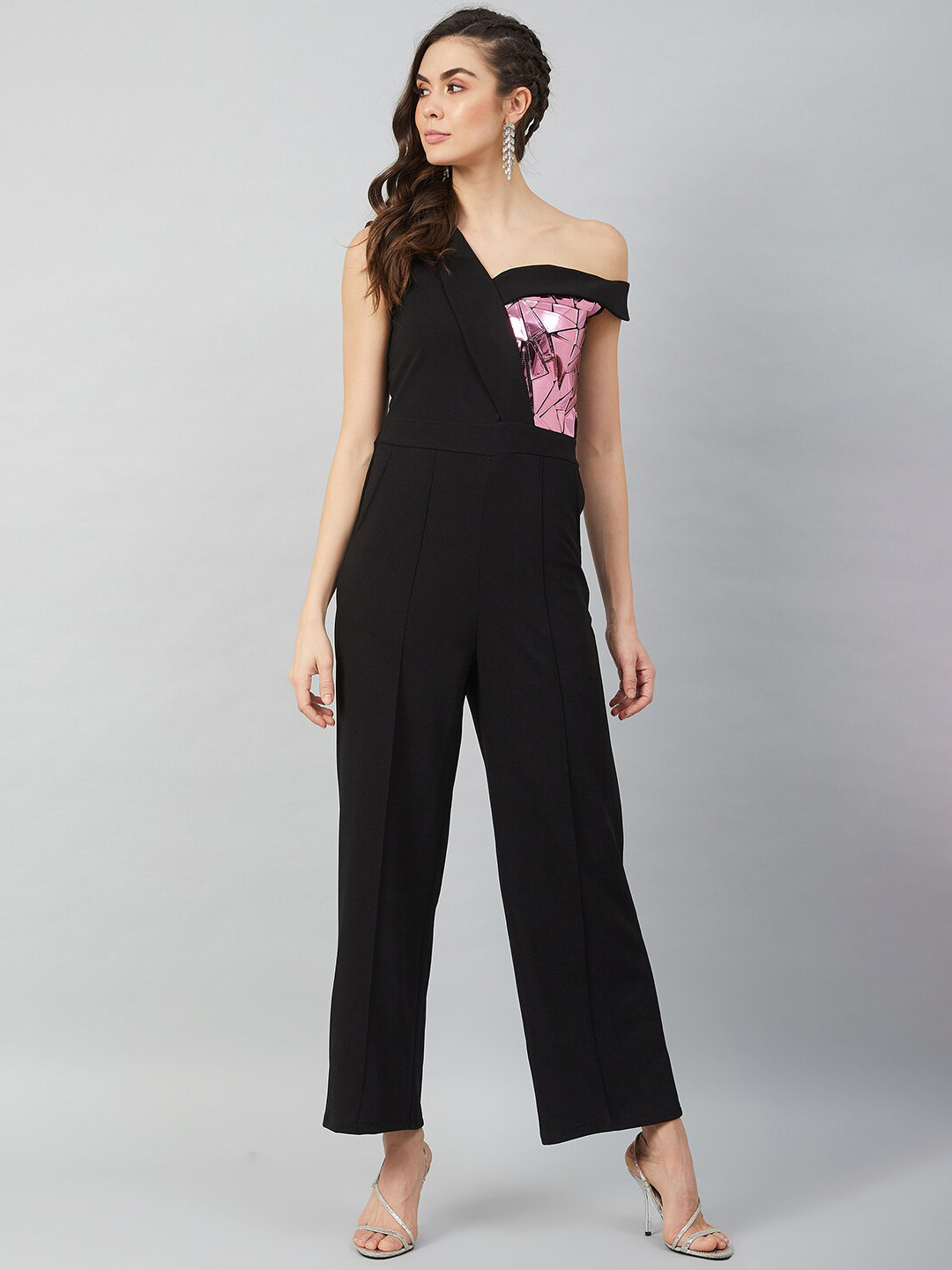 Athena Black & Pink Off-Shoulder Basic Jumpsuit with Embellished