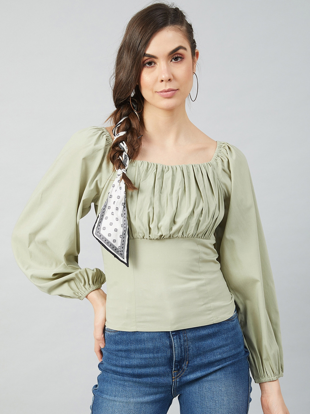 Athena Olive Green Puff Sleeve Regular Top