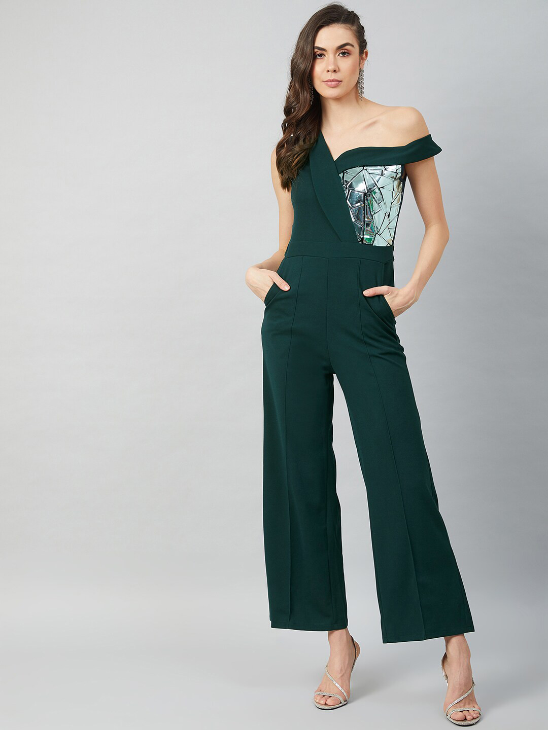 Athena Green Off-Shoulder Basic Jumpsuit with Embellished