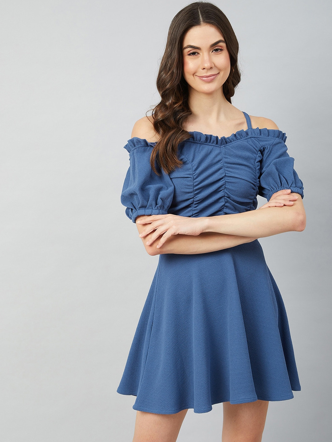 Athena Women Blue Off-Shoulder Ruched Dress