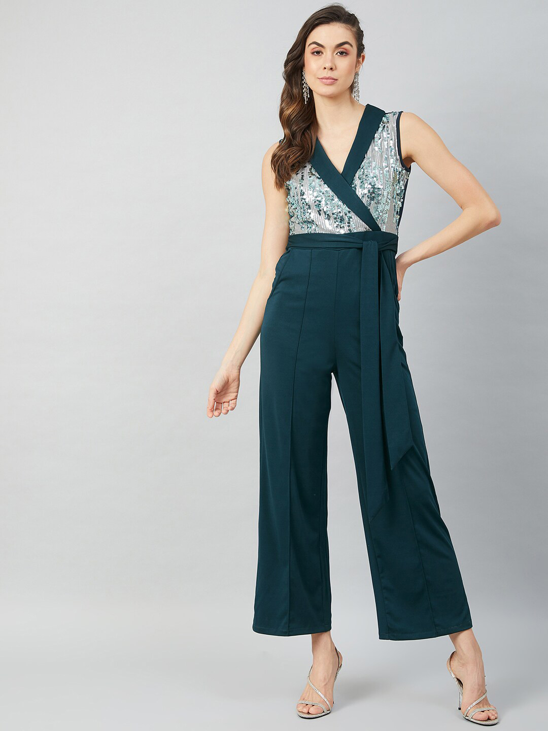 Athena Turquoise Blue & Silver-Toned Basic Jumpsuit with Embellished