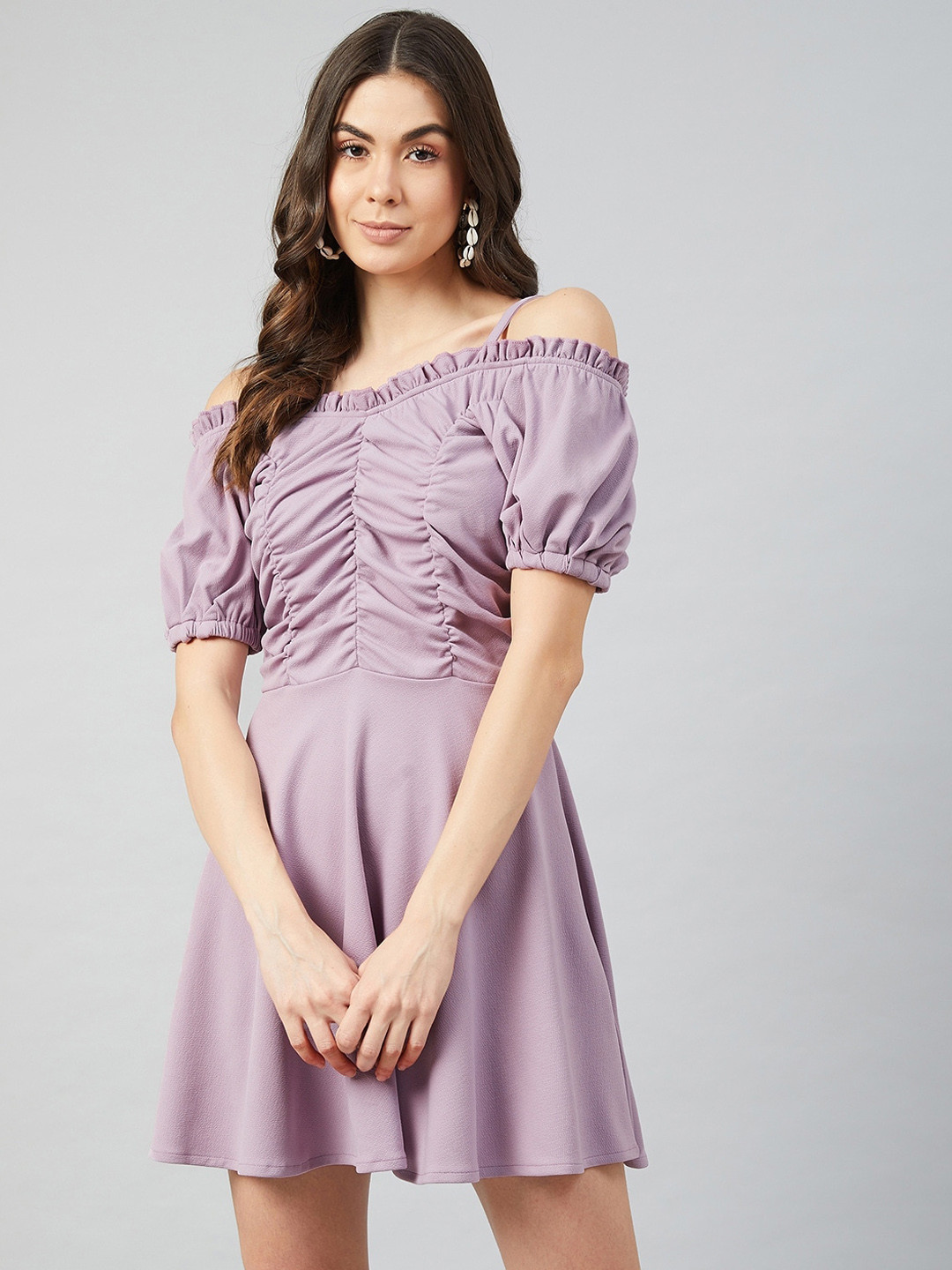 Athena Women Lavender Off-Shoulder Ruched Dress