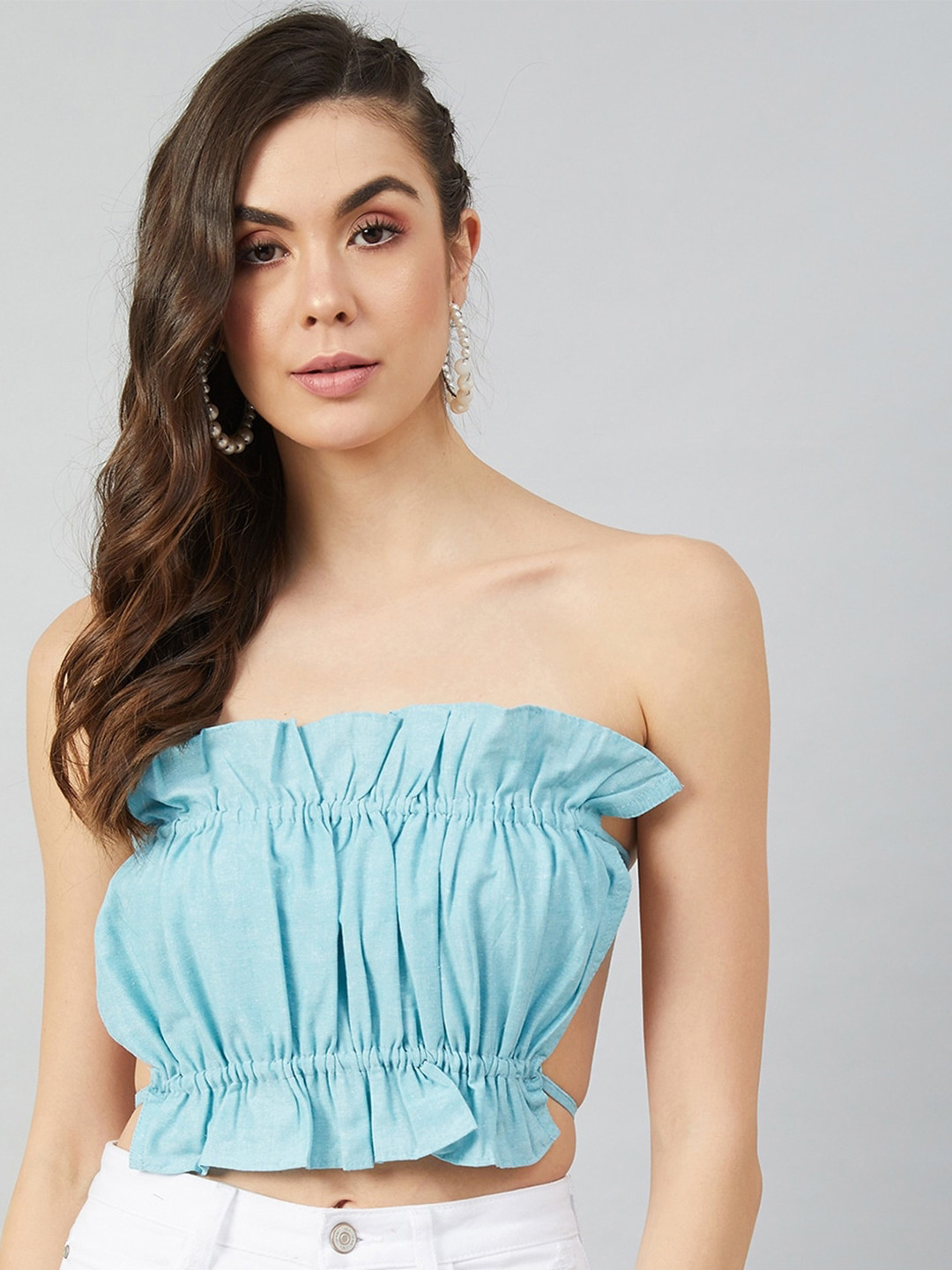 Athena Women Blue Linen Tube Crop Top