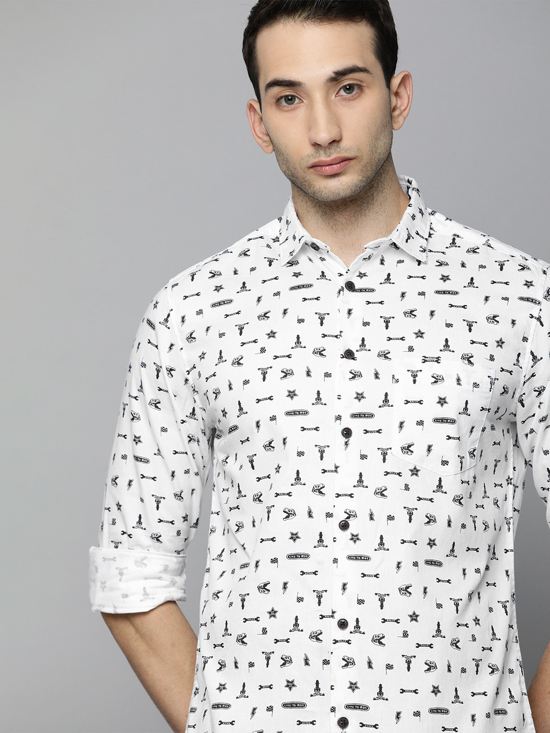 The Indian Garage Co Men White & Black Slim Fit Printed Casual Shirt