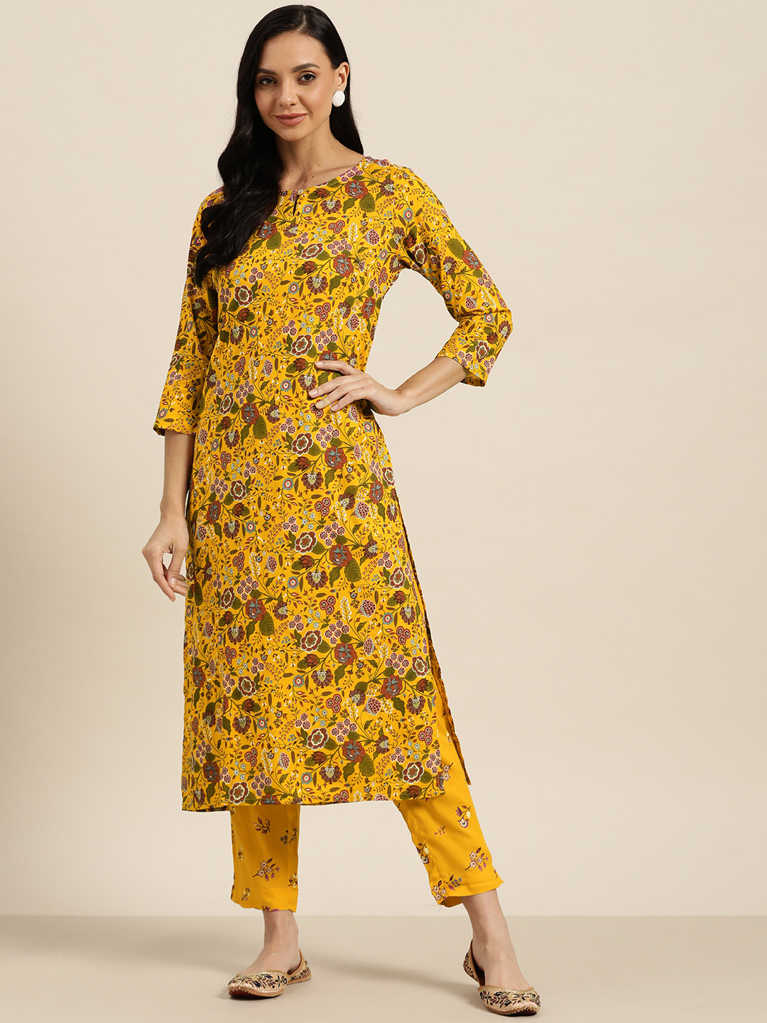 Sangria Women Mustard Yellow & Maroon Motifs Print Straight Kurta with Trousers