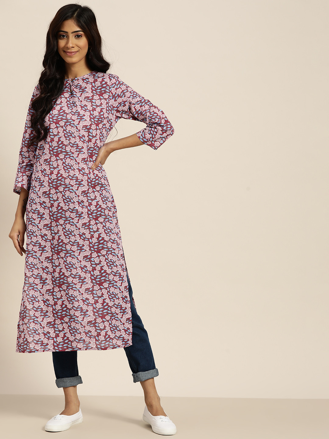 Sangria Women Magenta & Purple Floral Printed Cotton Keyhole Neck Kurta