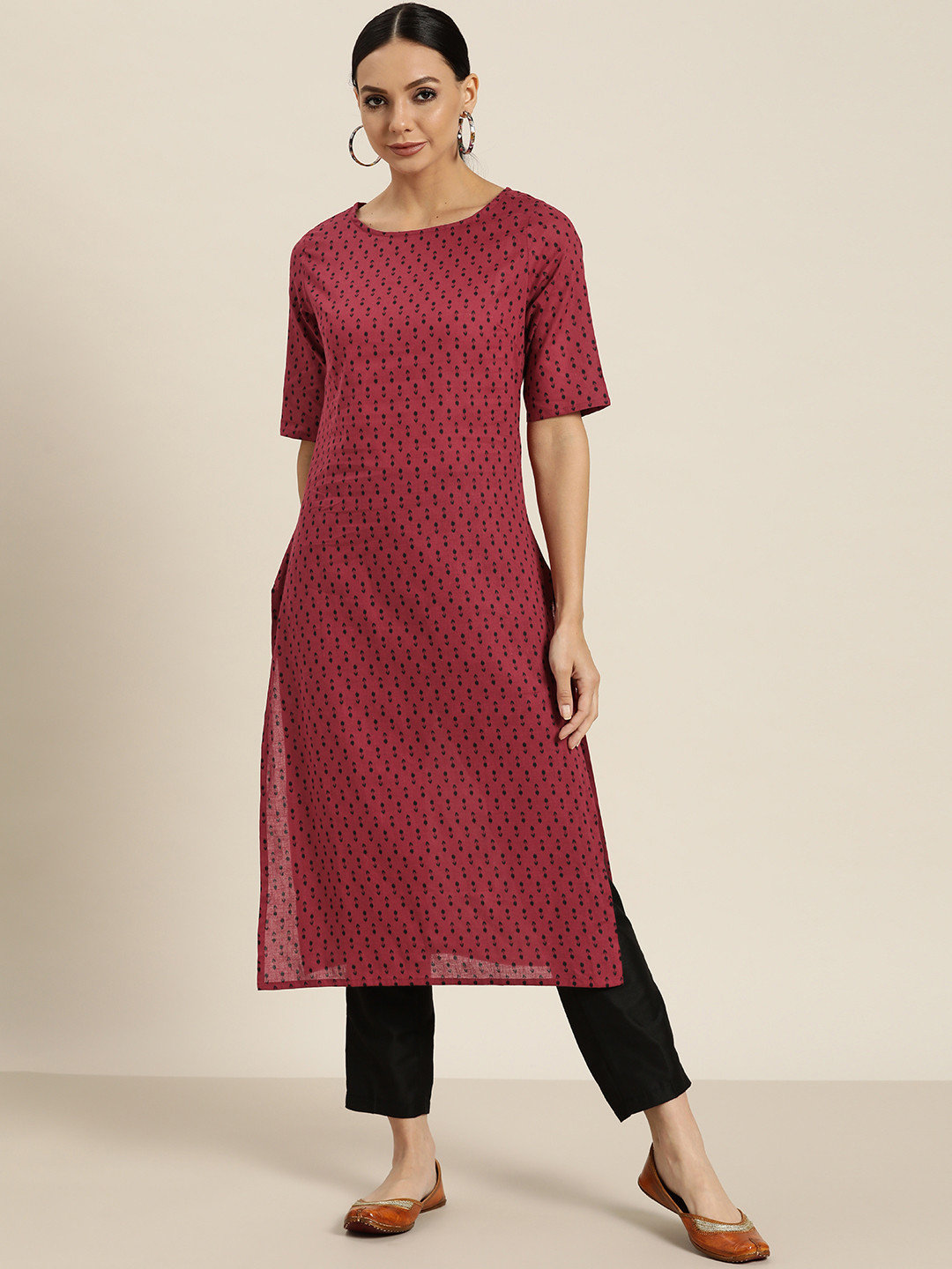 Sangria Women Maroon & Black Ethnic Motifs Printed Cotton Kurta