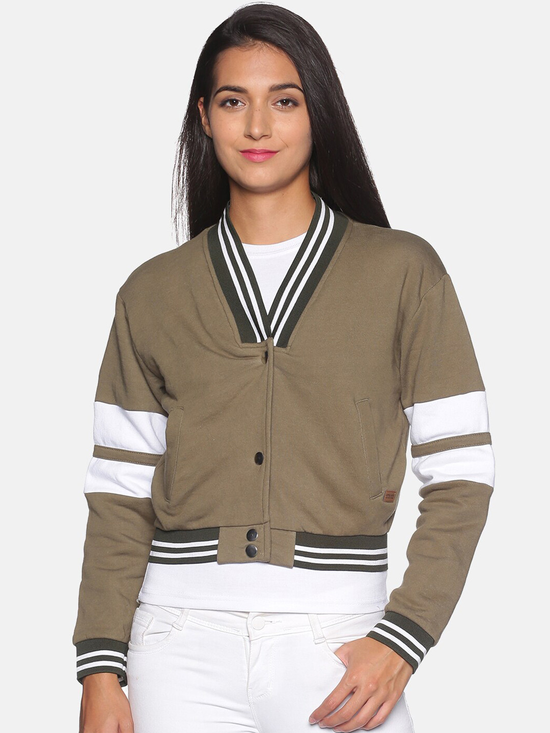 Campus Sutra Women Olive Green and White Regular Front-Open Sweatshirt