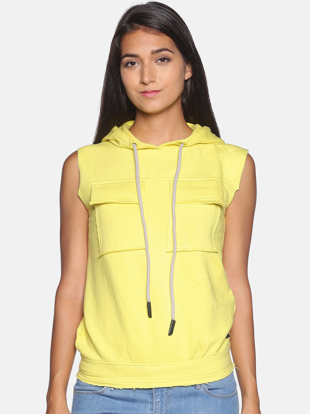 Campus Sutra Women Yellow Sleeveless Hooded Sweatshirt with Raw Edge
